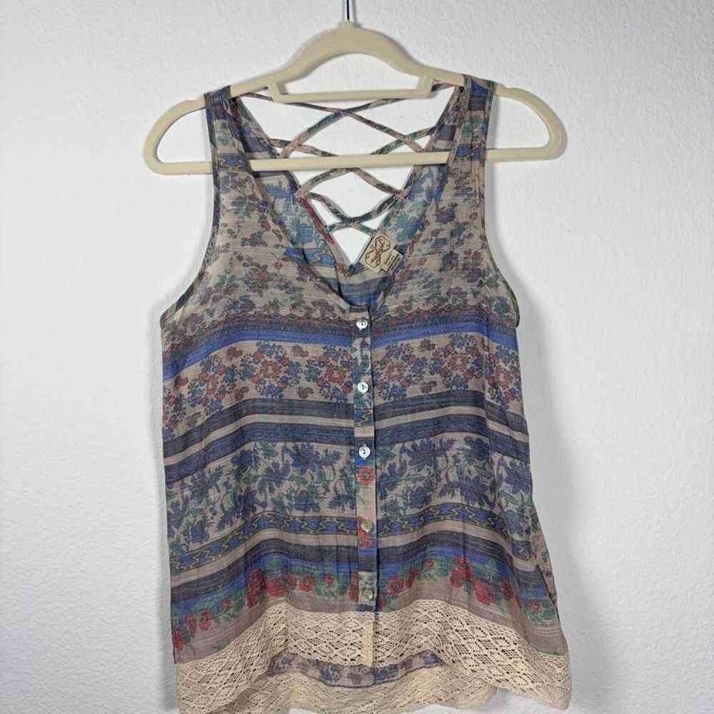Eyelash Couture Y2K Boho Floral Lace Trim Button Up Tank Top Women's M Vintage